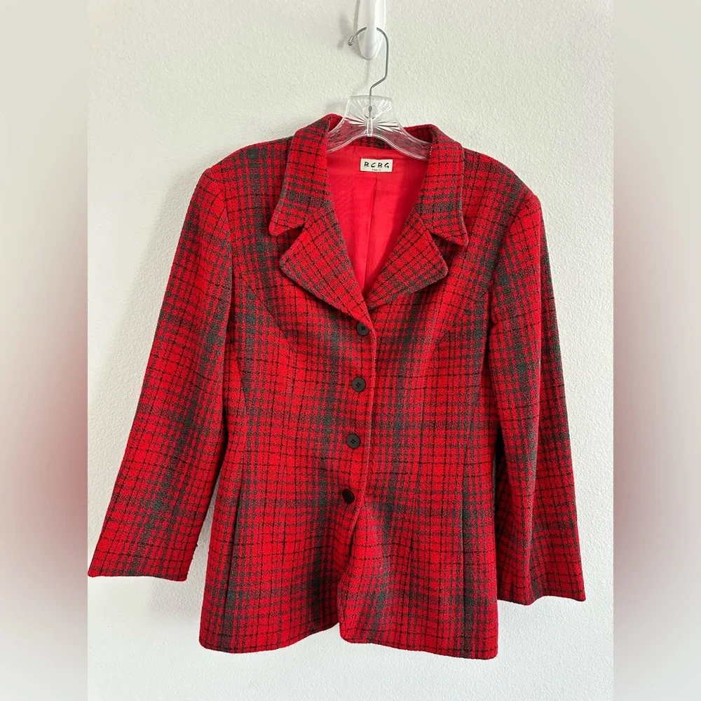 BCBG‎ Vintage Wool Blend Plaid Red Blazer Size: 8